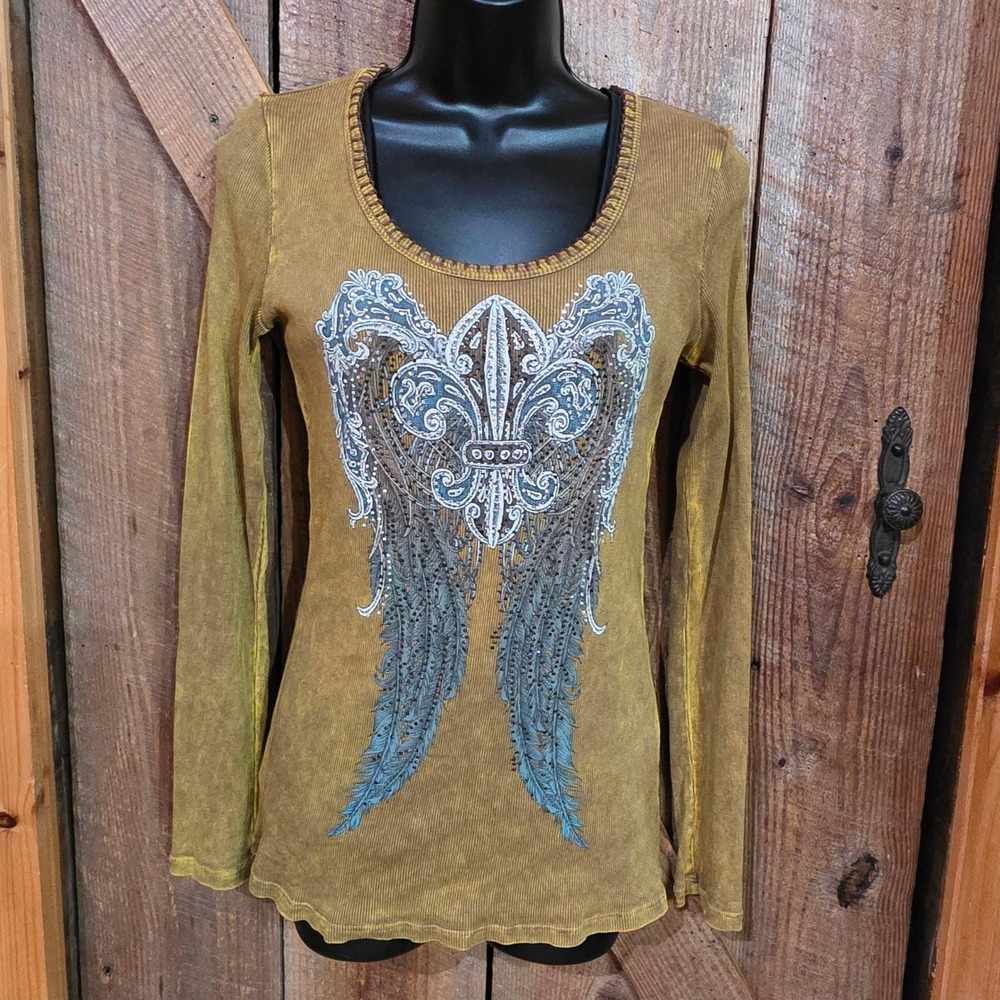 Vocal Apparel Y2K Mineral Wash Long Sleeve Top Fleur De Lis Angel Wings Bling M